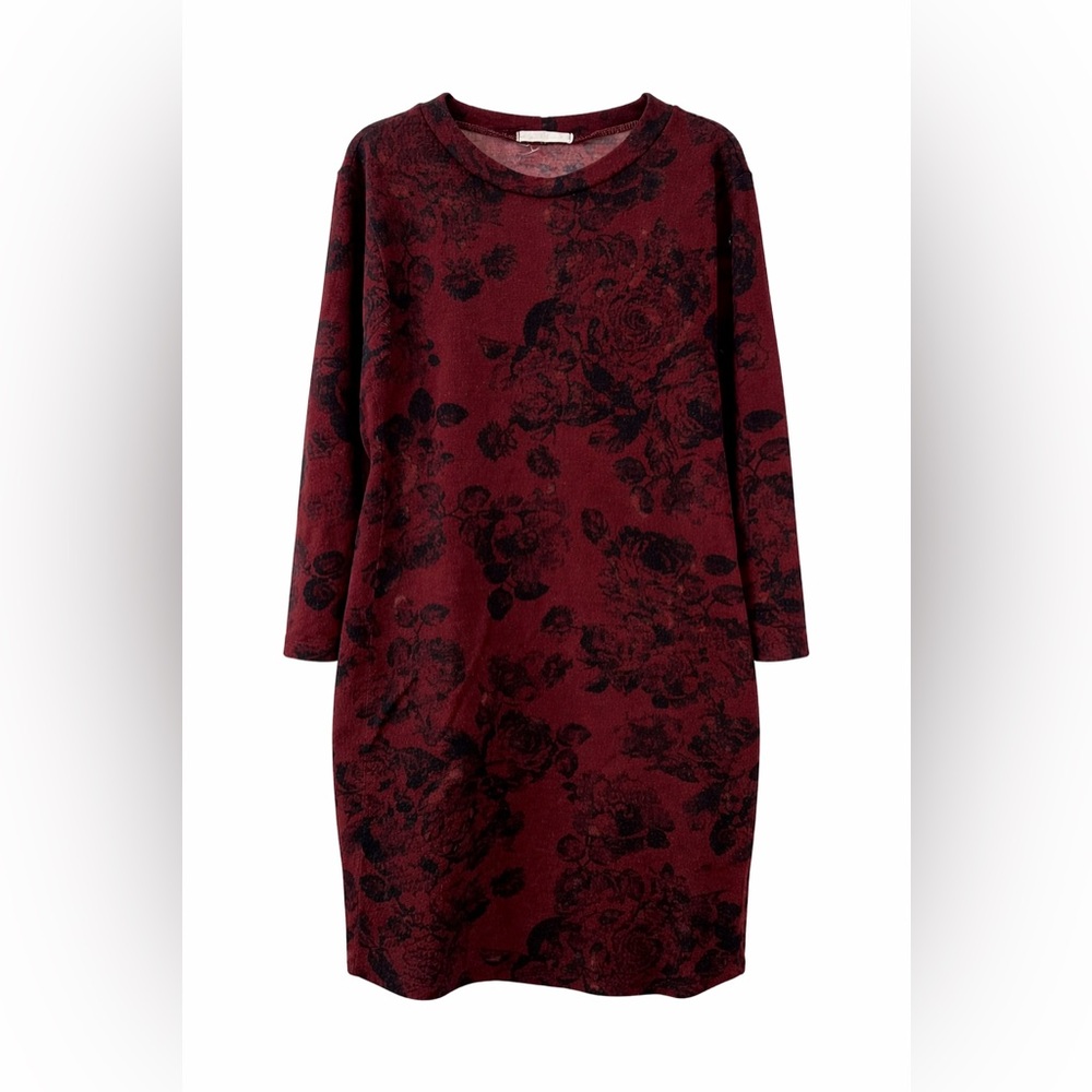 Chic Floral Long Sleeve Dress - Burgundy and Black